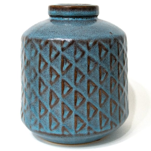 West Elm Pottery Ceramic Flower Vase Round Blue Beige Glazed 7" MCM Boho Decor - Picture 1 of 9
